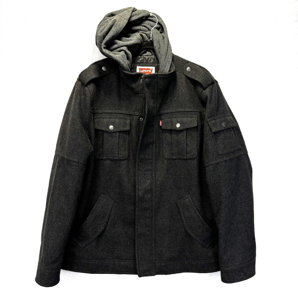 Levi's Wool Blend Hooded Jacket Quilted Mens XL Charcoal Gray Military Coat